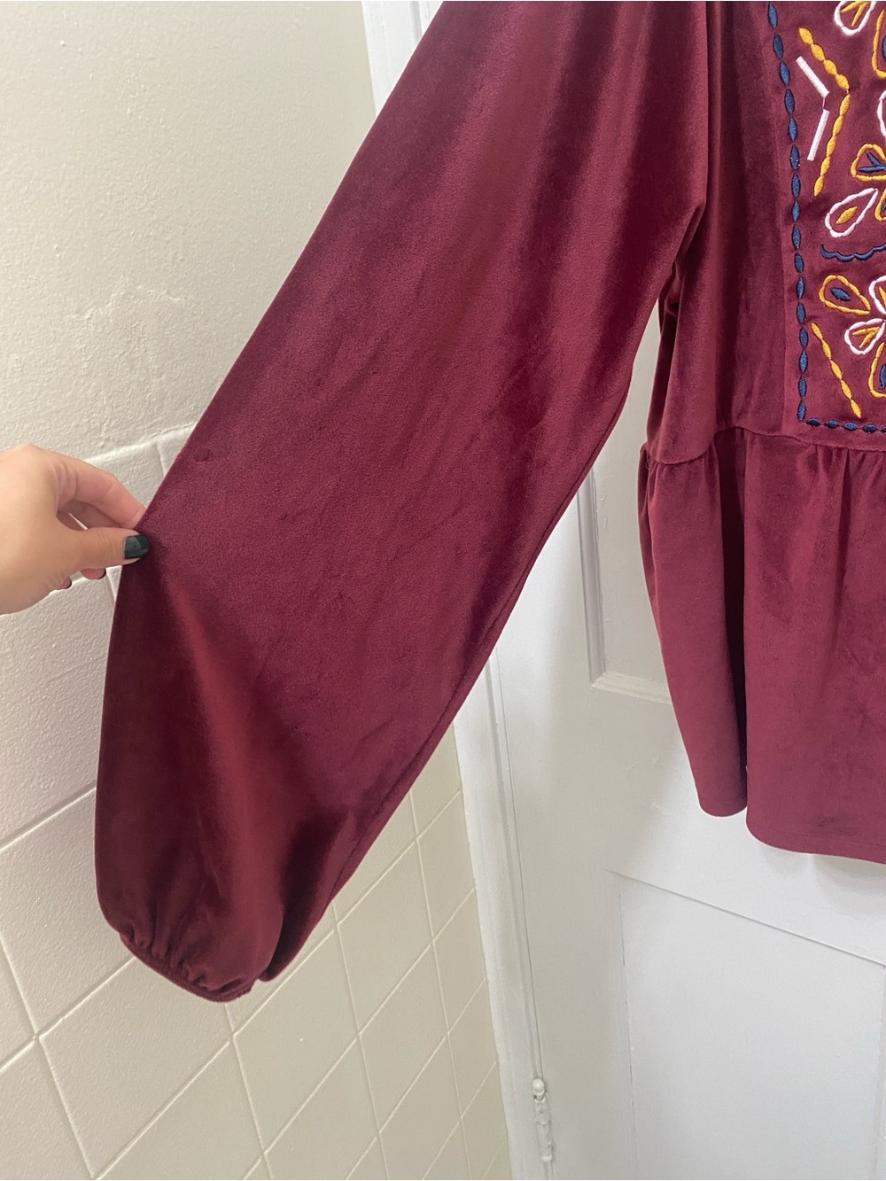 Embroidered Peasant Blouse - Burgundy - Picture 4 of 7